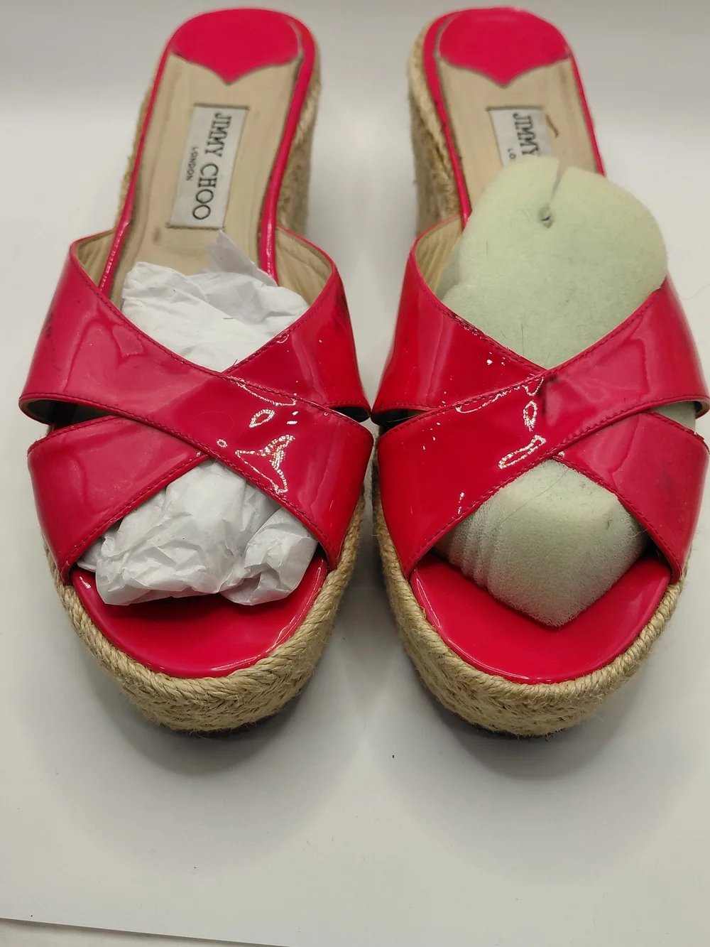 Jimmy Choo Pink Paisley/ Prima Patent Leather Espadrille Wedge Slide Sandals 41